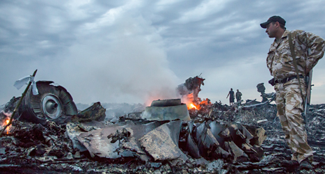 En man tittar på resterna av det kraschade flygplanet. Foto: Dimitri Lovetsky/TT.